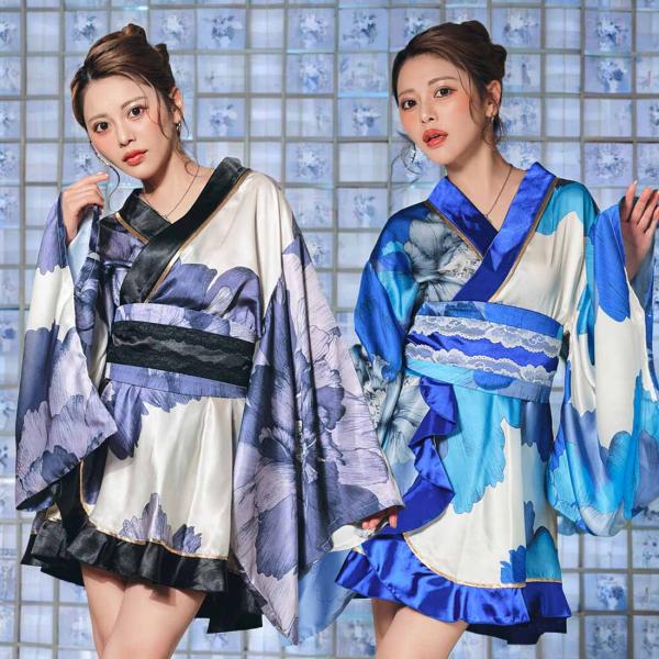 花魁 着物ドレス キャバドレス ミニドレス 和柄ドレス コスプレ衣装 和風 帯付き 前開き フリーサイズ 全3色 ハロウィン 舞台衣装