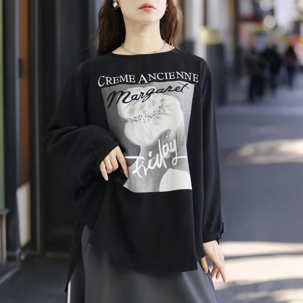 女の子 プリント Tシャツ レディース 長袖 春夏新作 カットソー クルーネック とろみ素材 トップス 前後差 体型カバー 着痩せ おしゃれ 可愛い カジュアル