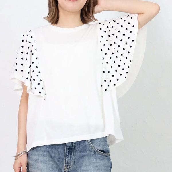 袖ドットチュールドッキングTシャツ レディース 半袖 フレアスリーブ 二の腕カバー ドット柄 大人カジュアル 40代 50代 フリーサイズ 2026新作SS春夏