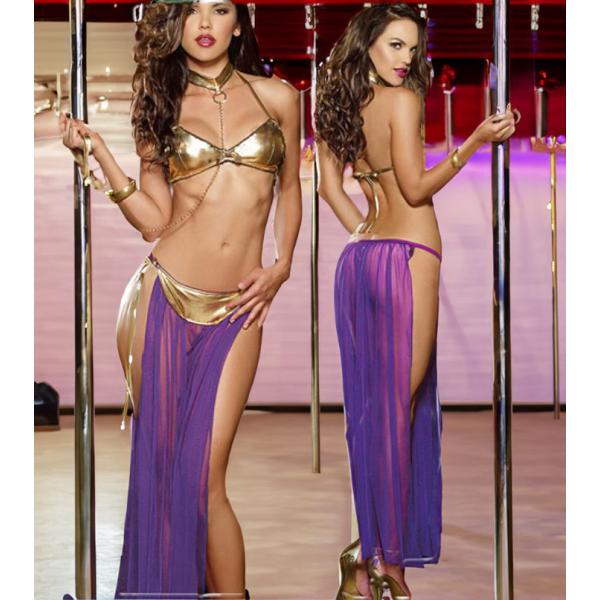 アラビアンナイト風SEXYベリーダンスコスチュームです♪ハロウィン・コスプレイベント・ダンス・ナイトクラブなど♪様々な着こなしはできますが下着としての商品となります。注意）●ブラやスカートの縁取りが伸縮性のある素材となっておりカラーがゴール...