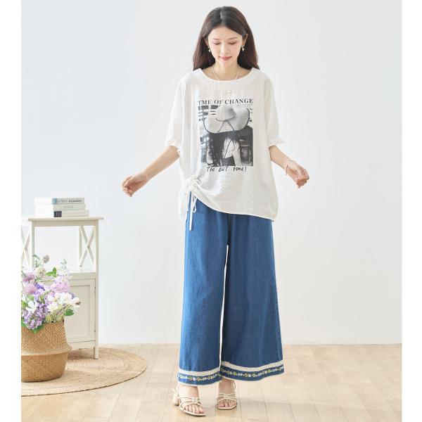 Tシャツ レディース 半袖 サイドシャーリング 大きいサイズ 体型カバー L LL プリント トップス カットソー 着痩せ ゆったり お腹周り 二の腕 ぽっちゃり