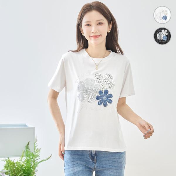 Tシャツ レディース 立体フラワー 大輪 花モチーフ 半袖 トップス 異素材 デコ 綿混 ストレッチ フェミニン 大人可愛い 体型カバー M L