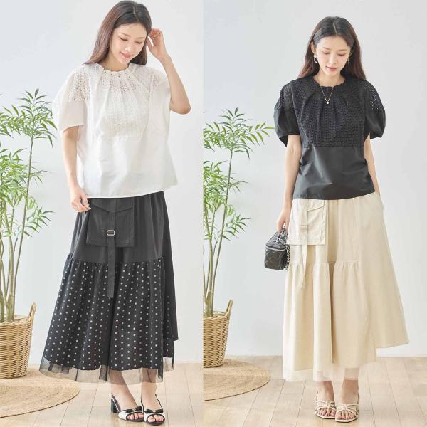アイレット刺繍 切り替え 半袖トップス レディース 異素材 透かし刺繍 カットソー 綿100% M L 体型カバー きれいめ カジュアル 春夏 2026新作 ホワイト ブラック