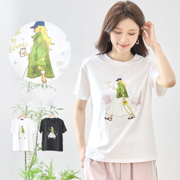 ラインストーン Tシャツ レディース 女性イラスト デコレーション 半袖 ホワイト ブラック M L 大きいサイズ きらきら 綿混 春夏 送料無料