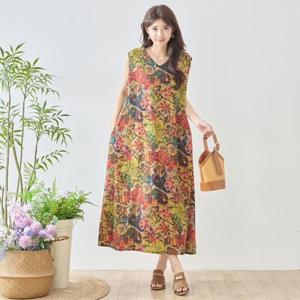 ワンピース ノースリーブ Vネック レーヨン混 ロング フレア グラデーションフラワー 花柄 リゾート 夏 レディース マルチカラー M L カジュアル