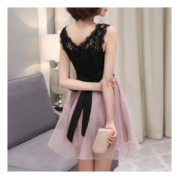 謝恩会 結婚式 ワンピース ミニ 黒 ブラック ピンク レース フレア