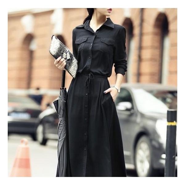 ワンピース 黒 夏 とろみ シャツワンピ ロング マキシ丈 襟付き ボタン