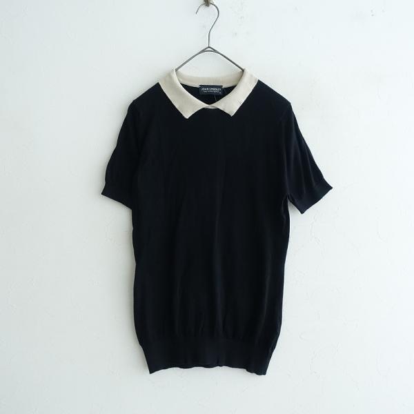 未使用 ジョンスメドレー ☆ ウール ニット S ブラック 半袖 JOHN SMEDLEY ジョンスメドレー *配色デザインニットプル