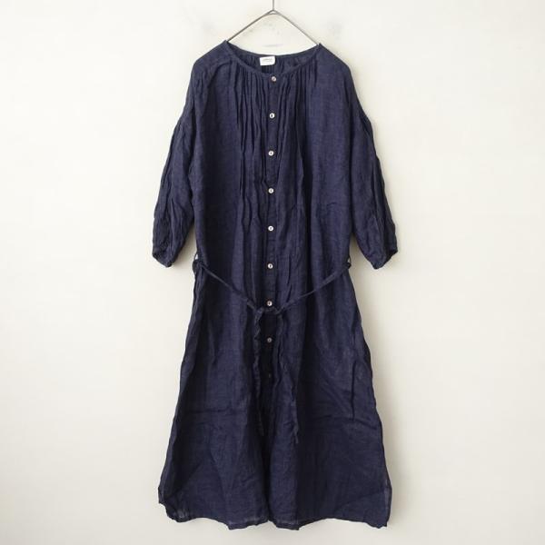 美品⁂ネストローブ⁂ロングワンピース　ハーフボタン　コットンリネン　フレア　黒 a piece of Library（ア ピース オブ ライブラリー） *リネンフロント