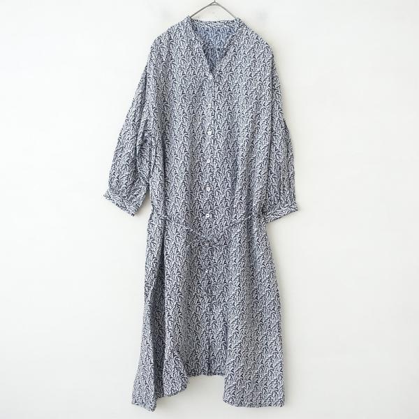 nest Robe】ネストローブ 麻100% キーネックタックフレアワンピース