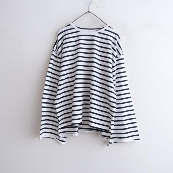 ソラモナ SOLAMONAT *ワイドスリーブボーダービッグTシャツ*Fホワイトブラックコットン天竺カットソーWOODY(2-2607-296)【41H62】