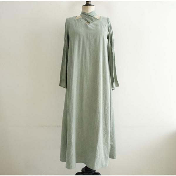 【定価2万】サハラ sahara *Weeping Willow Cross Neck Dress 異素材切替リボンワンピース*グリーンMARTE(25-2603-445)【22D62】