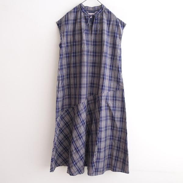 【未使用/定価2.6万】ドレステリア DRESSTERIOR *チェックアシンメトリーフレアワンピース*38紺ドレス(25-2606-31)【30G62】