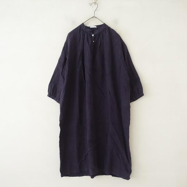 フォグリネンワーク 半袖シャツワンピース くすみパープル ロングワンピース 春夏 フォグリネンワーク fog linen work *リネンスタンドカラーシャツ