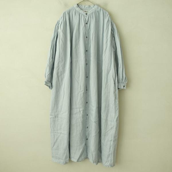 ICHI（イチ） *リネンギャザーシャツワンピース*サックス長袖ロング