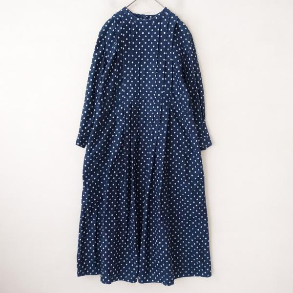 【45r】二重織/インディゴ/水玉/長袖ブラウス/日本製/size3 定価8.5万】45アールピーエム R45RPM *栗サテンの水玉タックドレス