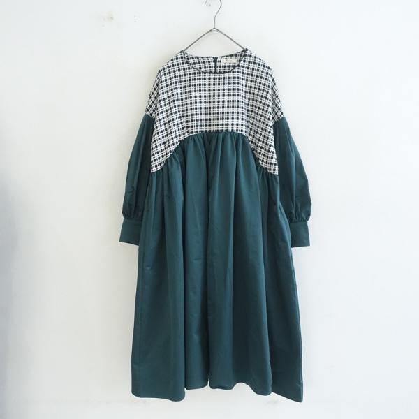 【美品】ユニカ UNICA *チェック異素材切替ワンピース*Fコンビネーションブラックホワイトグリーン(33-2603-669)【62D62】