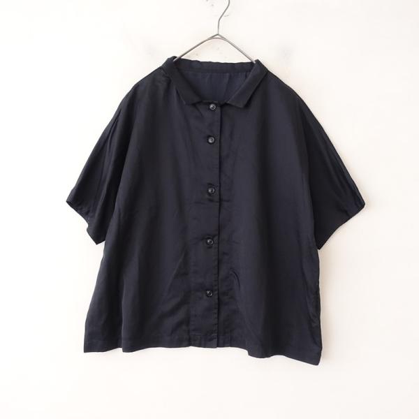 nest Robeネストローブリネン100％ 半袖シャツ ブラック フリーサイズ nest Robe（ネストローブ） *コットンシルク半袖ワイドシャツ*ブラック