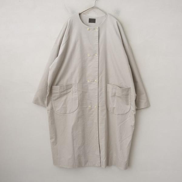 TANDEY オローネ *ノーカラーコート*綿グレーベージュダブルボタンノー