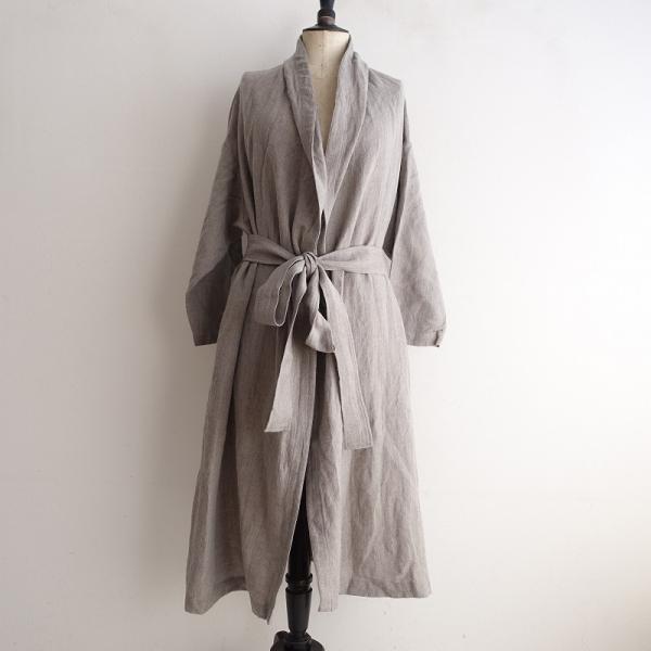 リロマ LIROMA *ウールリネンローブコート*Fグレー羽織無地ロング毛麻  