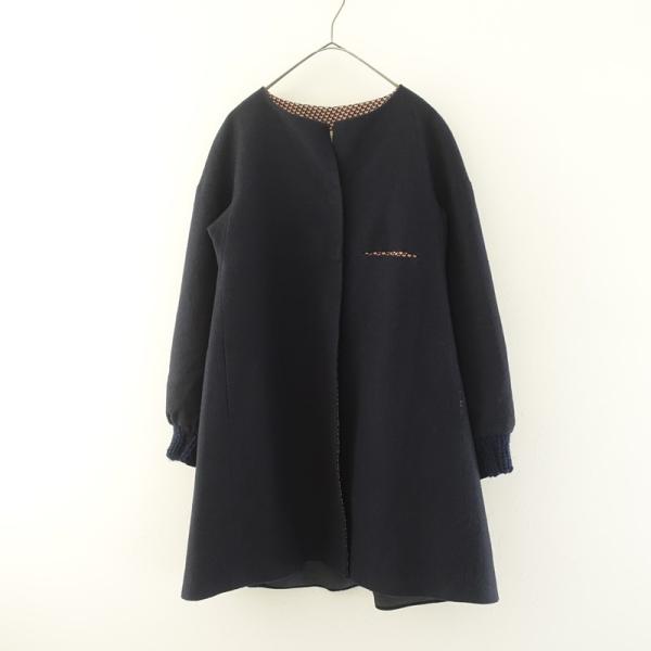 D-due（デ・ドゥエ） *ウールブレンドノーカラーコート*ネイビー無地