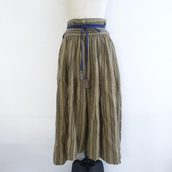 Tabrik タブリク *リネン前後切替スカート*麻リボンギャザーストライプ