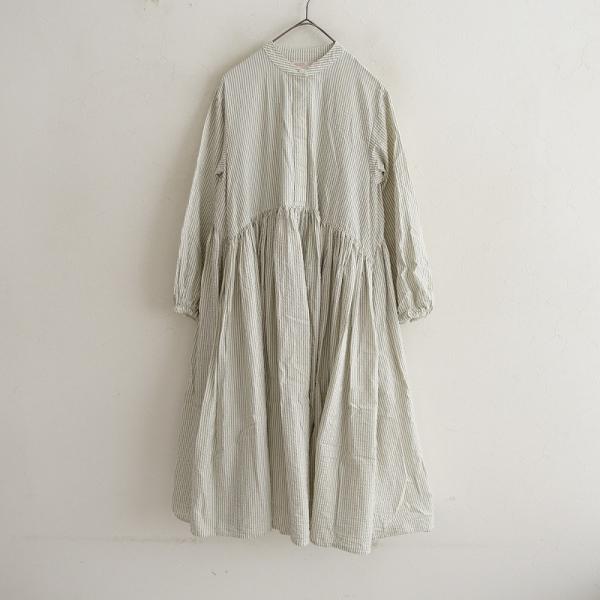 BEARDSLEY先染めギャザーストライプ柄 長袖ワンピース サイズ0 BEARDSLEY（ビアズリー） *ストライプギャザーシャツワンピース*0
