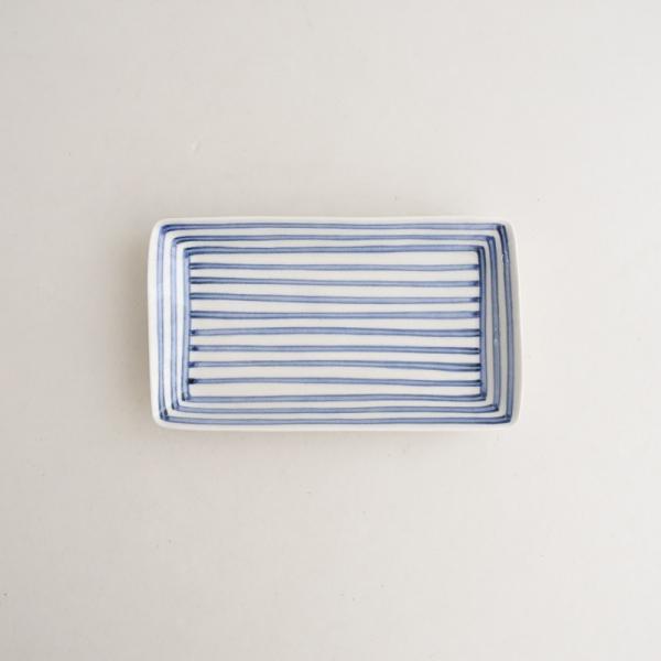美品】須藤拓也 *染付 長皿 ストライプ 17cm*プレート食器ブルー