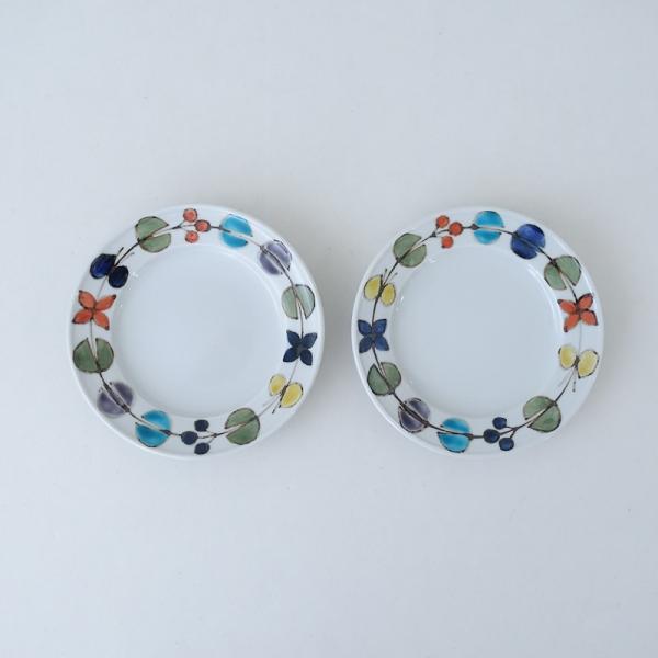美品】徳永遊心 *色絵花繋ぎ 平皿 5寸皿 2枚セット*お皿取り皿銘々皿