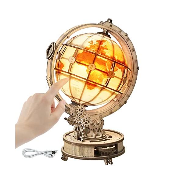 【並行輸入品】ROKR 3D木製パズル 大人用 世界 地球儀 3Dパズル LEDライト 地球儀 スタンド付き 脳の体操 子供へのギフト