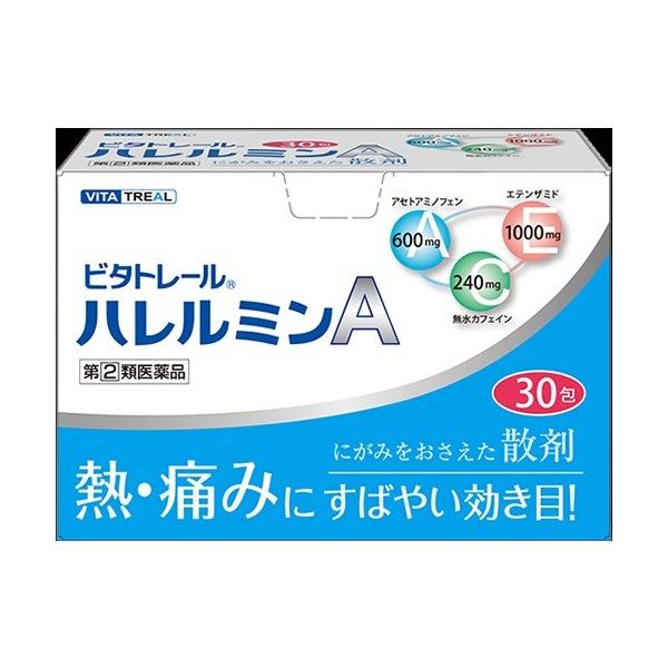 ハレルミンＡは、解熱鎮痛作用のあるＡＣＥ処方（３つの有効成分：アセトアミノフェン、エテンザミノ、無水カフェイン）と、鎮痛作用のあるプロモバレリル尿素がお互いに働きあい、早く溶け、痛みや熱にすばやい効き目をあらわします。