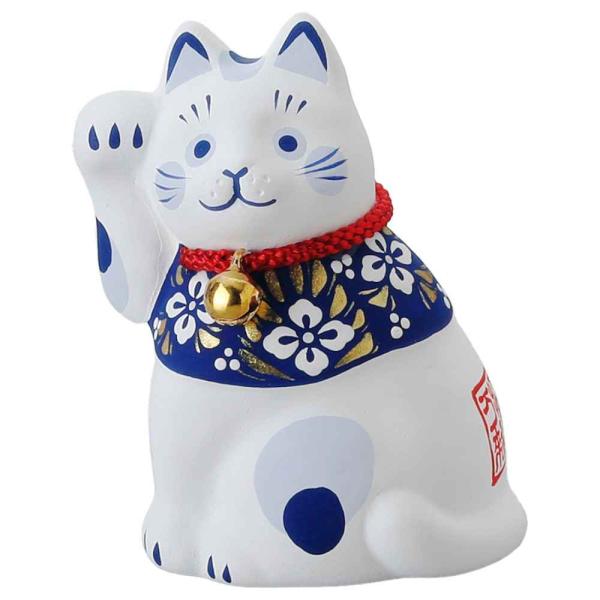 招き猫 ネコ 猫グッズ/ 吉祥花帯招き猫（小・藍） /陶器 置物 小さめ 贈り物 プレゼント