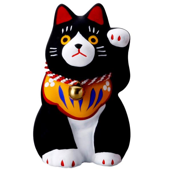 開運 縁起物 黒猫 猫の置物 岐阜 美濃の焼き物 福猫 鈴/ 民芸招猫・黒