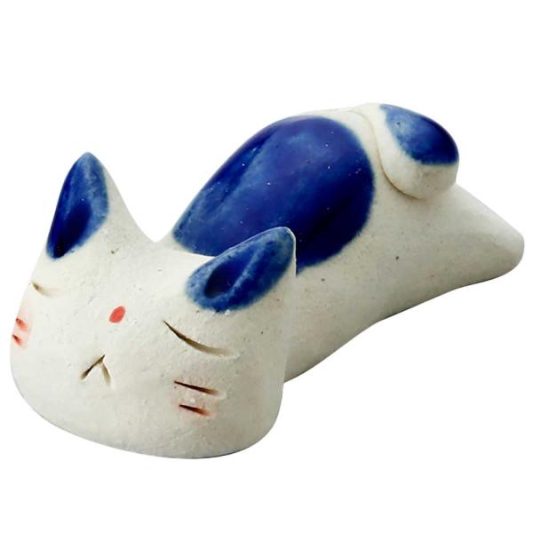ネコグッズ 手造り 置物 箸置きにも/ のんびり猫箸置・青 /贈り物 プレゼント 敬老の日　新築祝い 引き出物 母の日 父の日