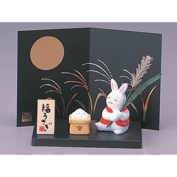 昭和レトロ 餅つきウサギ 兎 お月見 十五夜 満月 ショーケース入り 置物 飾り 大阪長生堂 うさぎ ウサギ 兎 卯 置物 陶器 錦彩十五夜うさぎ