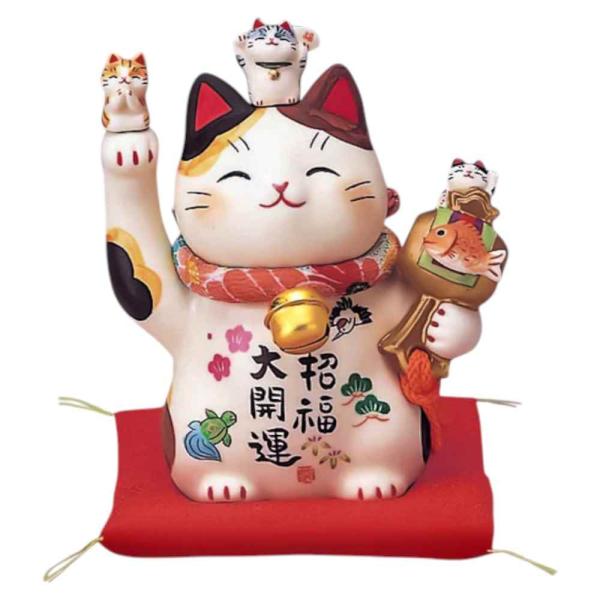 アンティーク妖艶な瞳とシュッとしたお顔立ちおかめさんが福を運ぶ特大招き猫 彩絵招福大開運招き猫（ちりめん首輪付・4号） : 美濃のちゃわん屋さん