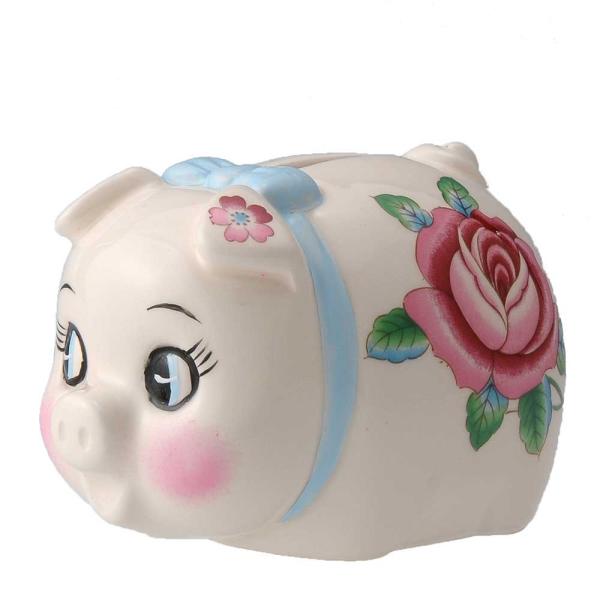 臺華窯ー林檎型 蓋付き陶器 花柄／インテリア置物／専用箱・台座付き 豚 かわいい 陶器/ ぶた貯金箱 小 /花柄 : 美濃のちゃわん屋さん
