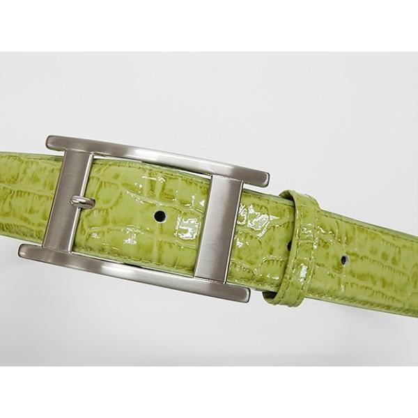 牛革 エナメルベルト 黄緑/草色 クロコ型押し 中一型バックル 日本製  