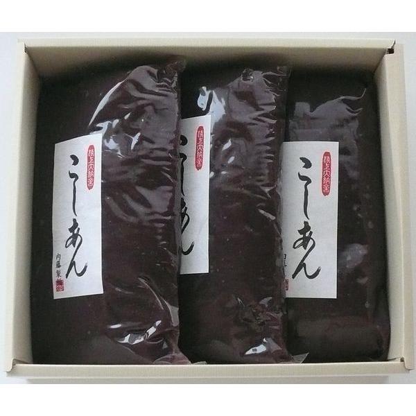内容量 ： こしあん１ｋｇ×３賞味期限： ３か月(未開封)（開封後は冷蔵にて約２週間）保存方法 ：冷暗所(２０度以下)で保存してください。開封後は冷蔵保存してください。開封後２週間以上保存する場合は冷凍保存をおすすめします。ご使用時にあわせ...