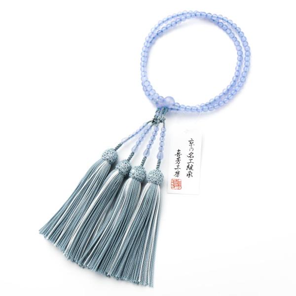 数珠 女性用 ブルー瑪瑙 5mm 二連 正絹房 念珠 京念珠 : 仏壇・仏具の