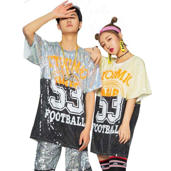 ダンス 衣装 スパンコール tシャツ 半袖 ステージ衣装 チーム 団体ダンス 衣装 ヒップホップ 大人 ジュニア 舞台衣装 文化祭 学園祭 クラブHIPHOP・DANCE個性的