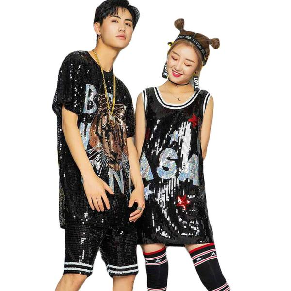 ダンス 衣装 スパンコール tシャツ 半袖 ステージ衣装 チーム 団体ダンス 衣装 ヒップホップ 大人 ジュニア 舞台衣装 文化祭 学園祭 クラブHIPHOP・DANCE個性的