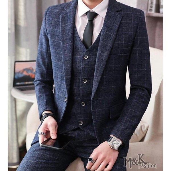 メンズスーツ 2色 高品質 チェック柄 紳士服 韓国風 人気 ビジネス 3点