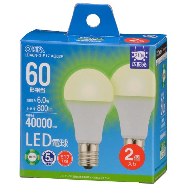 他サイト： オーム電機　LDA6N-G-E17 AG62P　LED電球小形E17 60形相当 昼白色 2個入 [品番]06-5549の商品画像