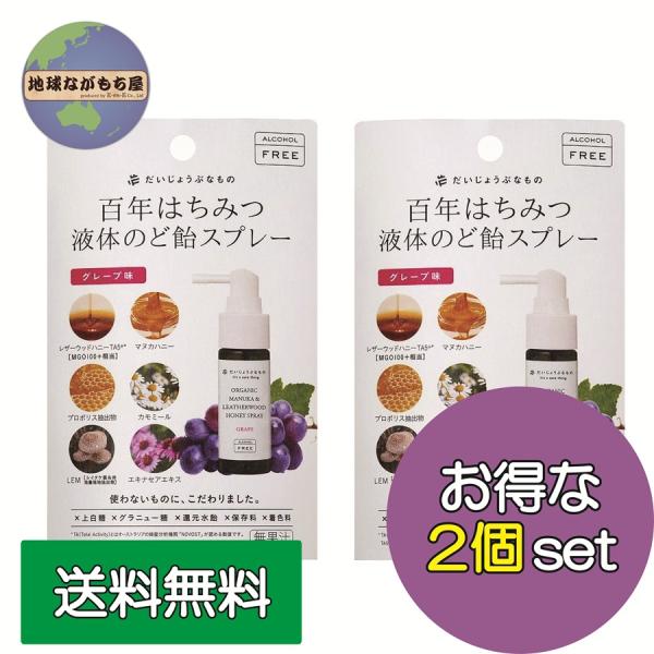 2本セット 《 グレープ味 》 百年はちみつ液体のど飴スプレー 25ml x2本 たかくら新産業 だいじょうぶなもの レザーウッドハニー はちみつ 風邪 送料無料
