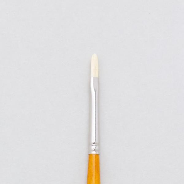 豚毛フィルバートロングハンドル(長軸）オフステインイエロー　ニス穂先サイズ・・・約 幅2.4mm×長さ9mm油彩に適した豚毛画筆長軸タイプです。軸色は木目調仕様です。フィルバード型は使い込まれた平筆のような形状で、使いやすくできています。※...
