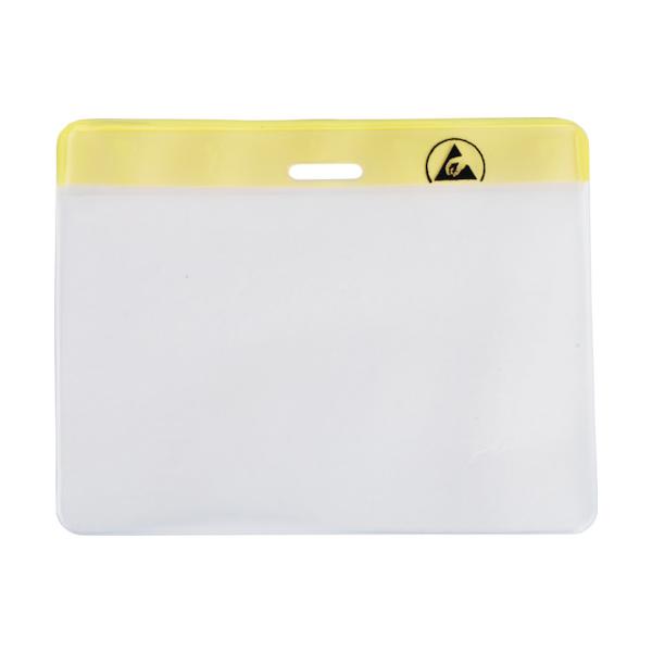 ■静電対策ネームカードホルダー 横型 100X77mm 35015の特長●黄色の帯とESDシンボルマークにより見易く、この名札ホルダーを付けている人がESD保護対策をしていることが周囲に一目でわかります●摩擦電気を100V以下に抑えます●内...