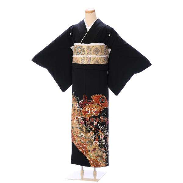 人気の更紗と鳳凰の蘇州刺繍(7割)落款印有り 高級黒留袖セット　未使用 MSサイズ 地紙に鳳凰柄の留袖フルセット|黒留袖 4A499 : e-きもの