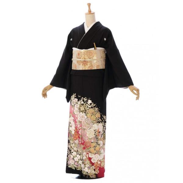 黒留袖|桂由美|Mサイズ|金彩 銀彩の薔薇柄の黒留袖フルセット MT-040
