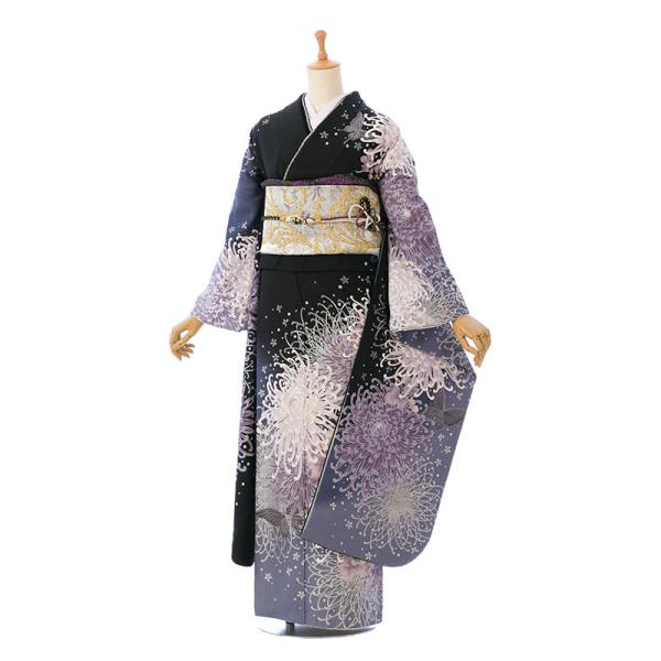 正絹お振袖　単品　黒　バラ　ゆったりサイズ　美品 正絹振袖|裄長|着物レンタル|158〜168cm|振袖フルセット(黒系)|普通